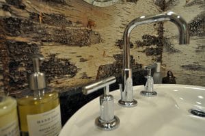 Photo of a kitchen sink with Bark House birch wall covering behind - innovative and sustainable wood products on elemental green