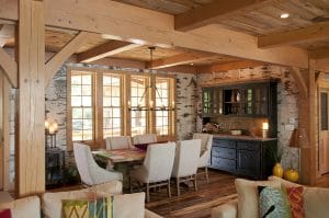 Photo of a wood dining room with Bark House birch bark wall covering - innovative and sustainable wood products on elemental green