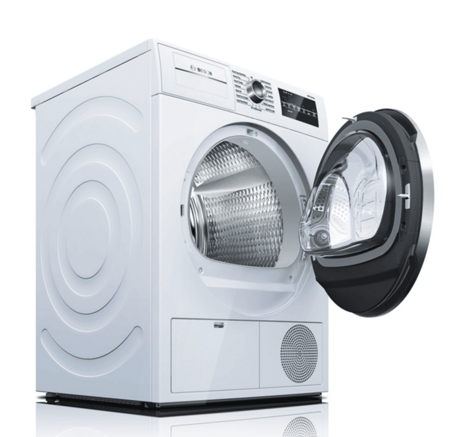 Photo of BOSCH 24″ COMPACT CONDENSATION DRYER 800 SERIES -- energy efficient laundry appliances on elemental green