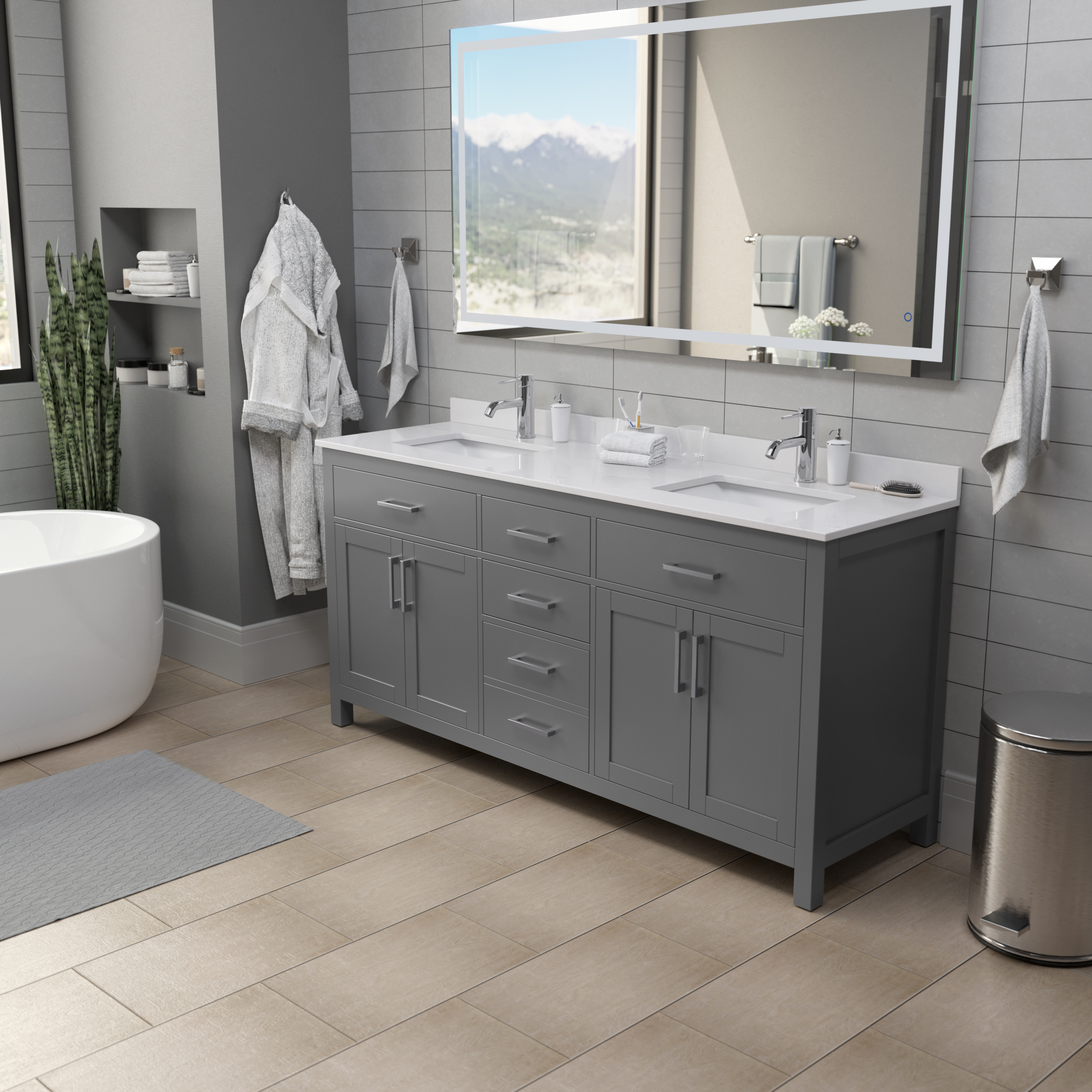 bathroom with Wyndham Becketts oak vanity in dgray color 