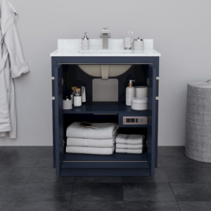 Icon vanity by Wyndham show dark blue finish and open cabinet doors with available power outlet and USB