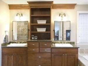 Photo of Aura Cabinetry Dual Vanity Unit With Shelving - sustainable bathroom vanities elemental green