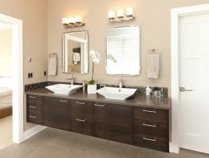 Photo of Aura Cabinetry Dark Wood Double Vanity Unit - sustainable bathroom vanities elemental green