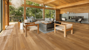 Hardwood flooring in a bright living room