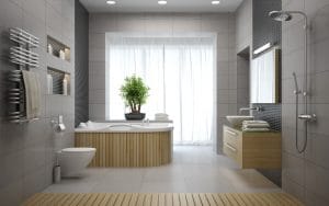 Interior of the modern design bathroom 3D rendering, top 10 bath trends given a green makeover on elemental green