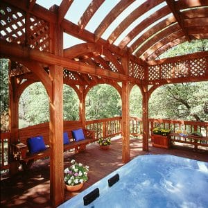 rounded pergola over spa, Sustainable Advantages and Inspirations of Redwood on elemental green