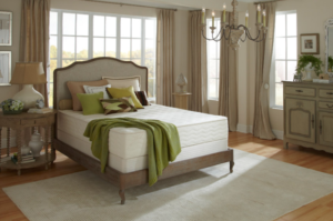 elegant bedroom with organic mattress from Plushbeds; ornate beige chandelier and furnishings; beige draperies on mullioned windows; beige rug on white wood floors; green throw for accent along with accent pillows - photo