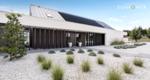 SunPower Solar Panels Backyard with white gravel, Villa backyard with white gravel and decorative plants