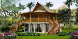 Exterior view: Bamboo Living prefabricated homes Pacific Queen in lush tropical setting