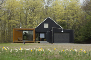 Exterior of a prefab house with a black and brown finish; woodland setting with grassa and daffosils in the foreground; WeeBarnHouse by Alchemy prefab house
