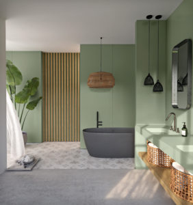 Bathroom with green walls and green countertops and freestanding tub using Silestone Sunlit Days Posidonia Green Sustainable Kitchen Countertops