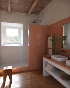 View of a shower and bathroom with Silestone Sunlit Days Arcilla Red