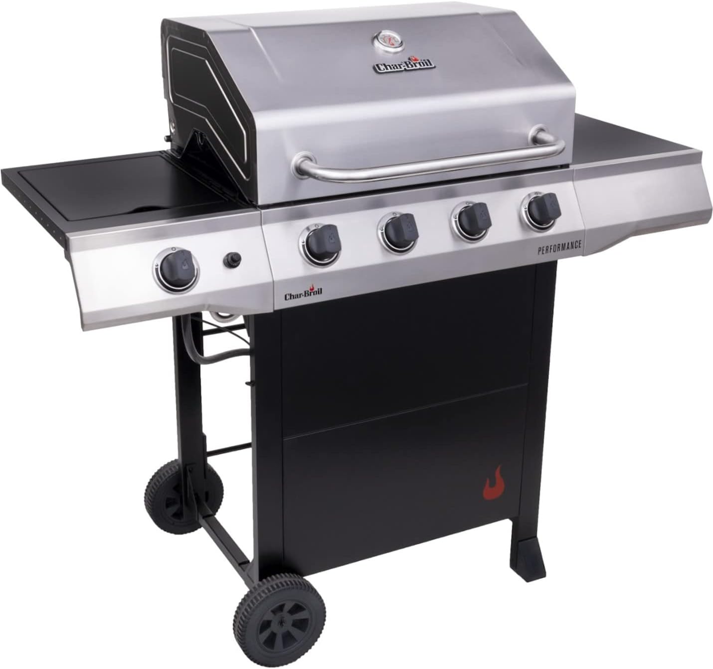 Char-Broil Performance Propane Grill with side burner and prep shelf extended; mounted on two-wheeled stand with black front panel - photo<br />
