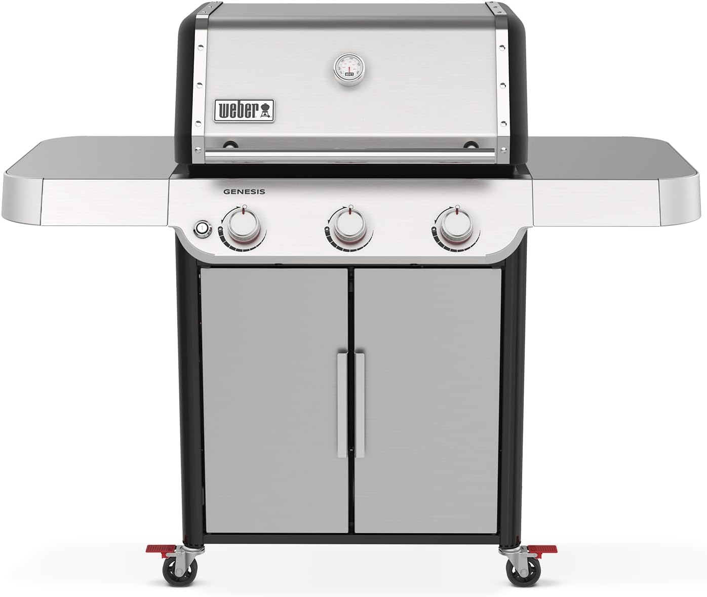 front view of Weber Genesis II EX-315 Propane Gas Smart Grill mounted on wheeled cabinet - photo