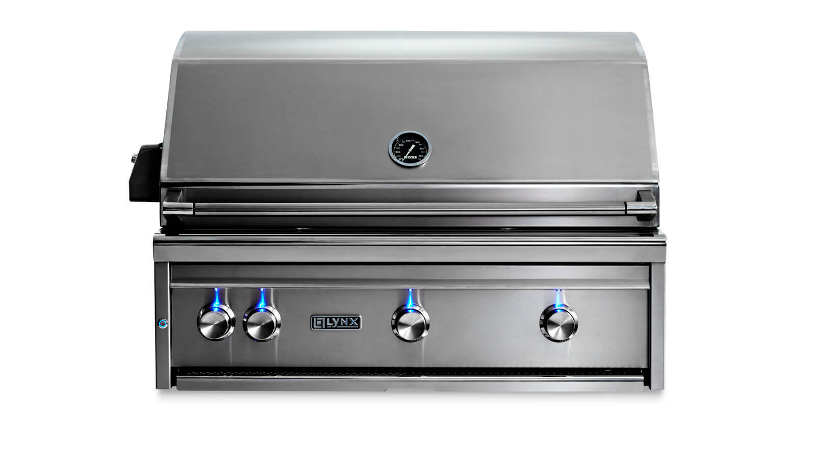 Silhouetted image on white background of Lynx Grills Professional 69000 BTU 36 Inch Wide Natural Gas Built-In Grill with All Trident Infrared Burners and Rotisserie; stainless steel with blue lighted control knobs - photo