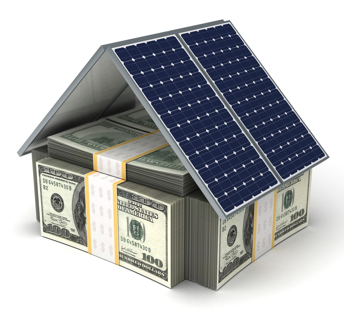figurative model of home with roof made of solar panels and stack of American $100 bills inside