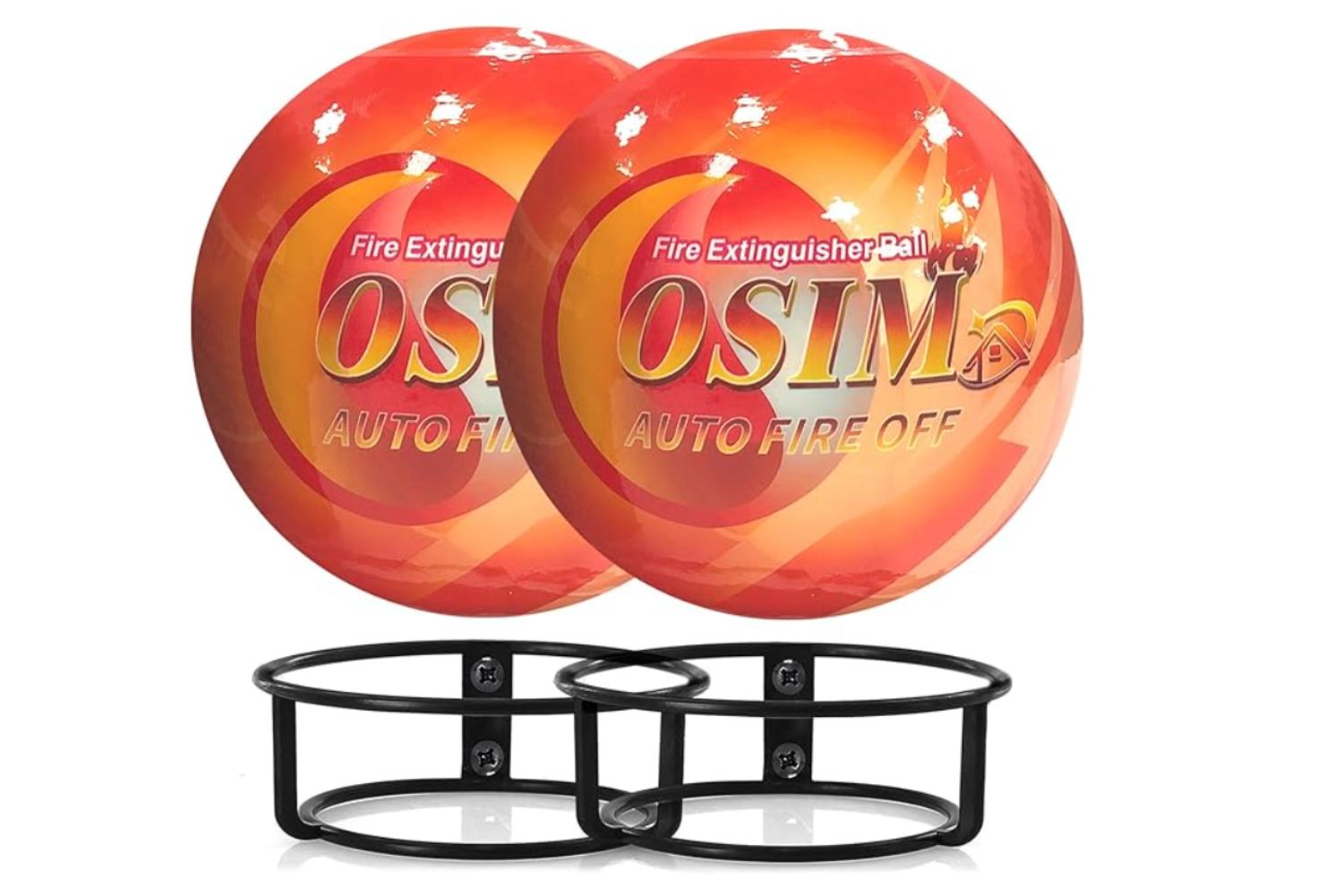 Red andorange firesuppression ball shown hovering above wire rack