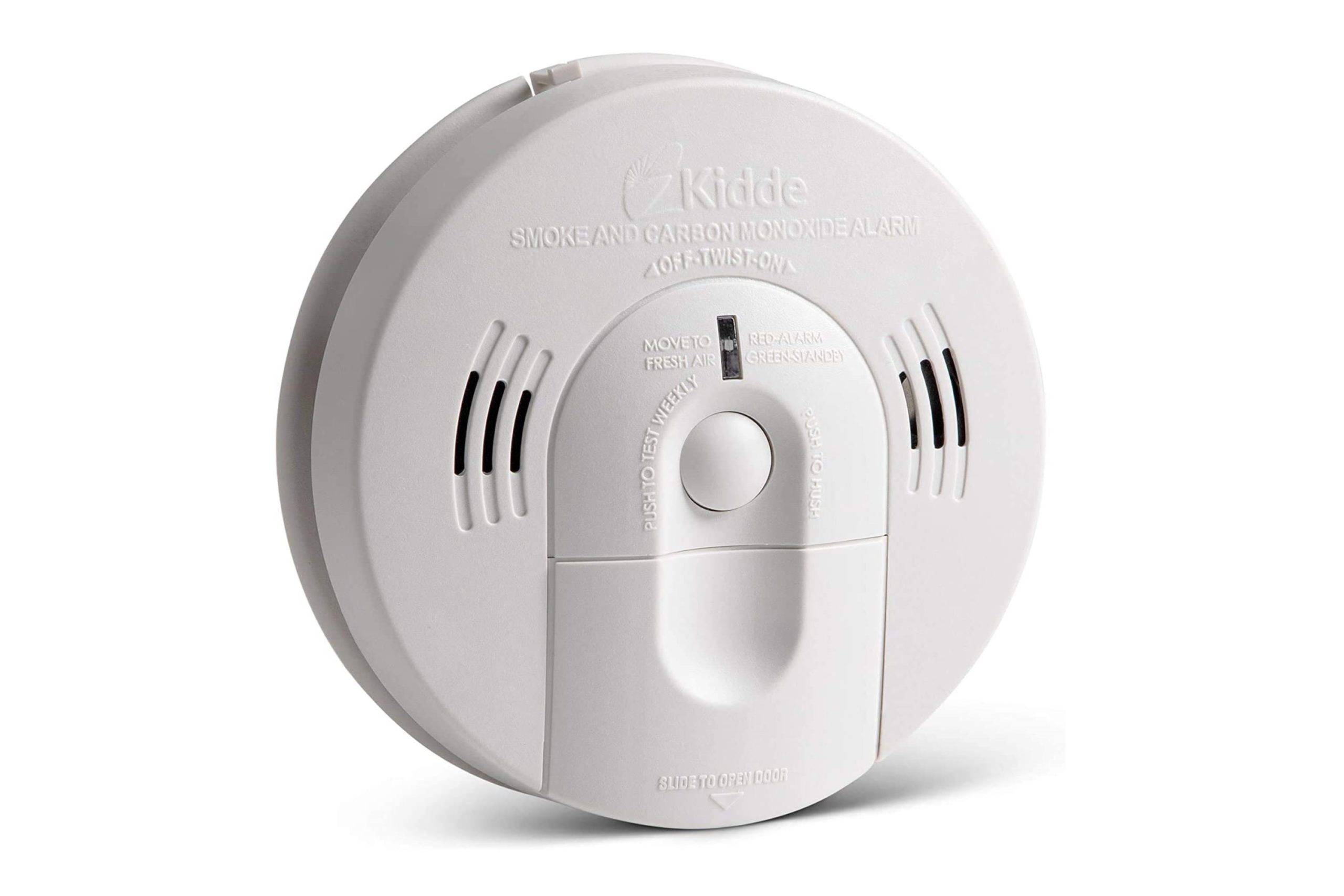 White smoke and CO detector displayed on white background