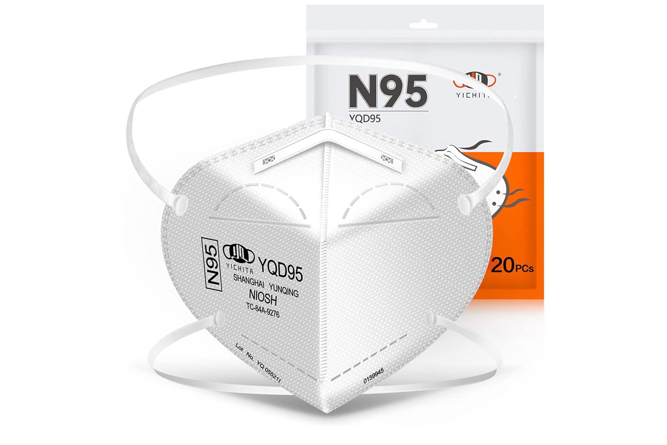 white N95 mask product is displayed with packaging is di
