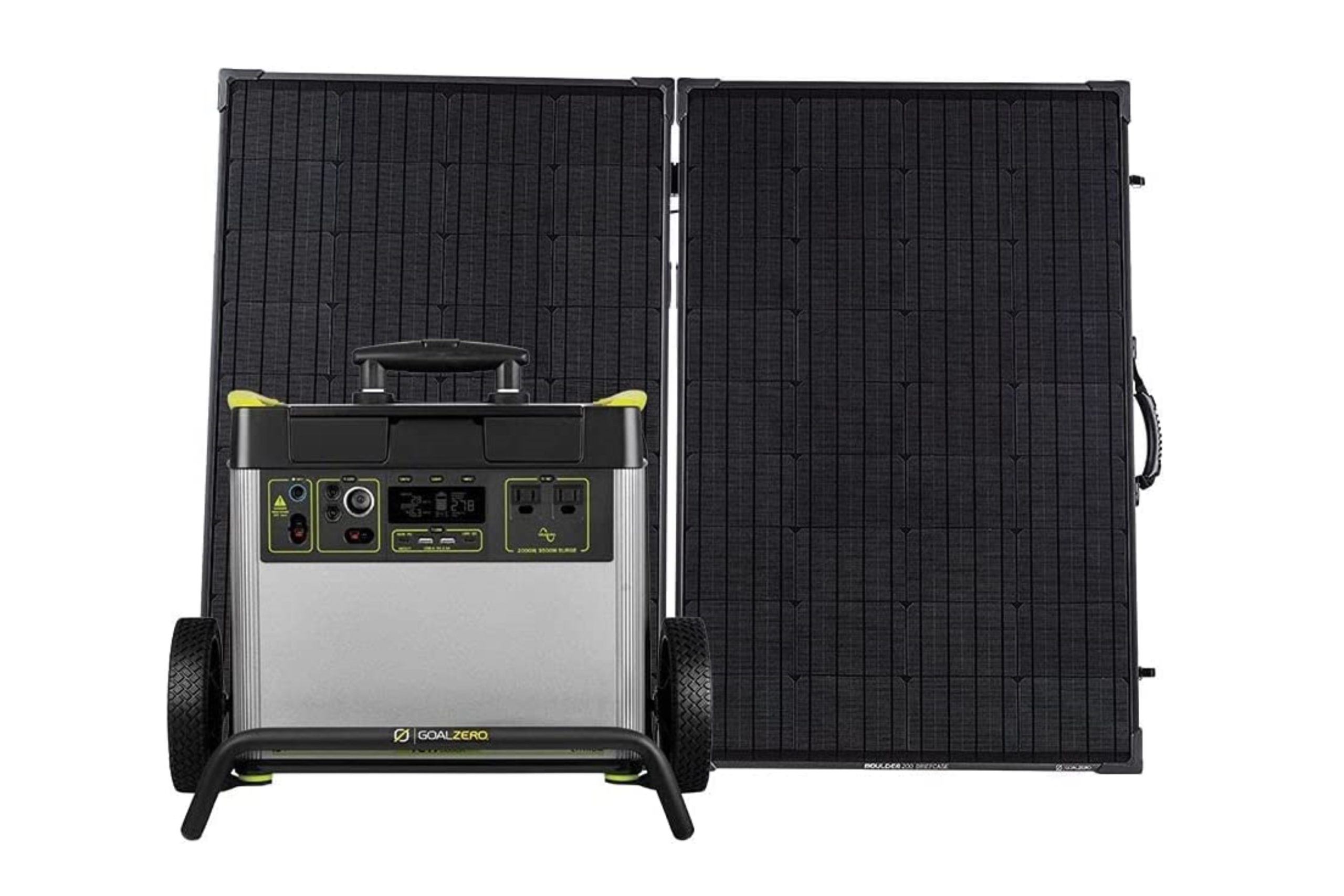 Portable power unit shown with black solar panels