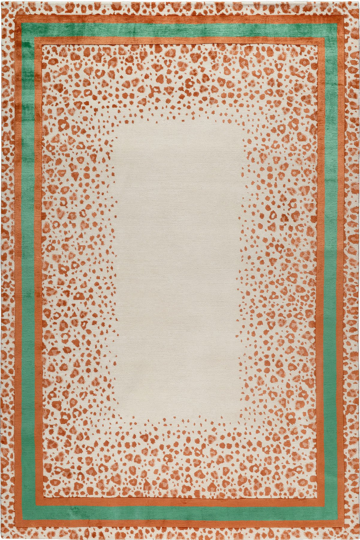 Patterned area rug with inner borger in green and organo-animal print in rusty orange