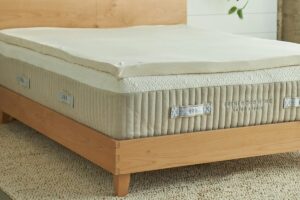 Light wood bedstead sits on beige carpet; mattress and nontoxic mattress topper shown - photo