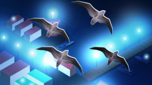Cartoon image of seabird flying over area with brightly lighted buildings and docks - light pollution