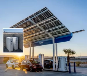 Fast EV charging sttion roofed by solar panels; inset image of solar battery storage