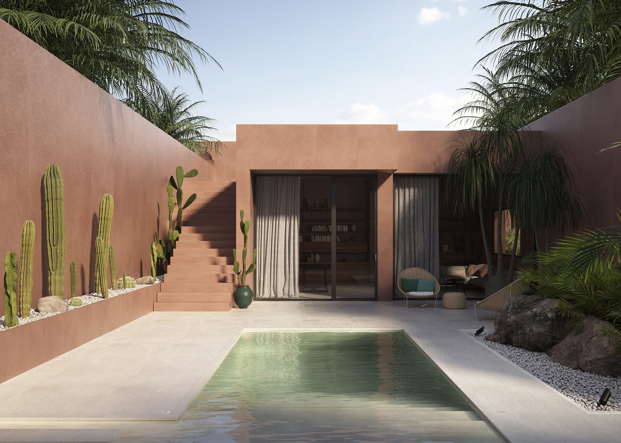 Exterior rust-colored home with modern architecture; reflecting pool with palms and succulents landscaping; glass entry to home and stairs - shows cladding using sustainable, ultrta-thin ceramic surfaces