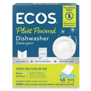 Package of ECOS dishwasher sheets on white background