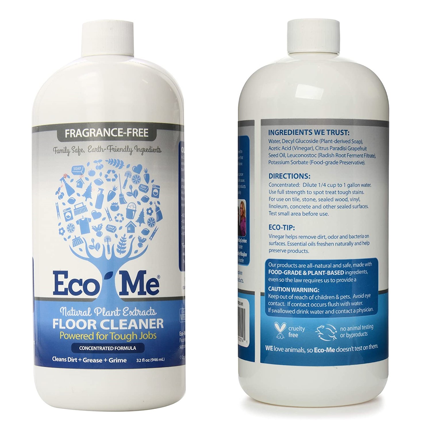 Image of white bottle containing eco-friendly cleaning product from Eco-Me; front and back labels showing
