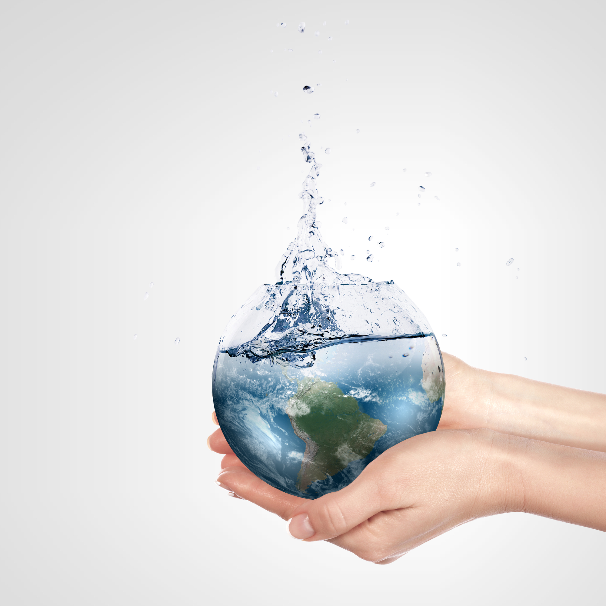 Image of hands holding globe that is filling the Earth with water