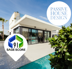 Exterior view modern style home with pool and greenery in foreground; logo shows passive house design and realty sage score of 91 - photo with logos