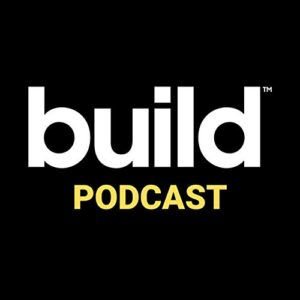 Black logo with white and yellow text reading Build Podcast - graphic