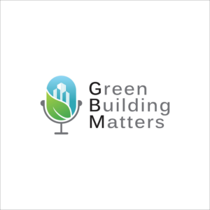 White logo with stylistic microphone with leaf design and text that reads Green Building Matters