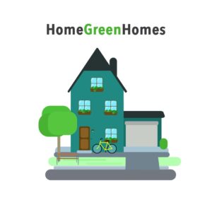 cartoon image of teal house with garage and landscaping; text reads Home Green Homes - graphic logo