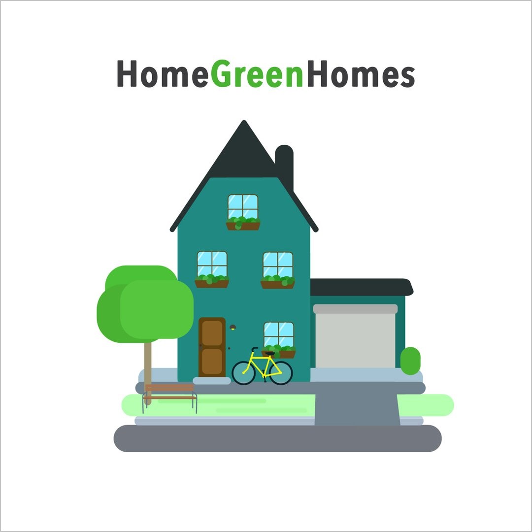 cartoon image of teal house with garage and landscaping; text reads Home Green Homes - graphic logo